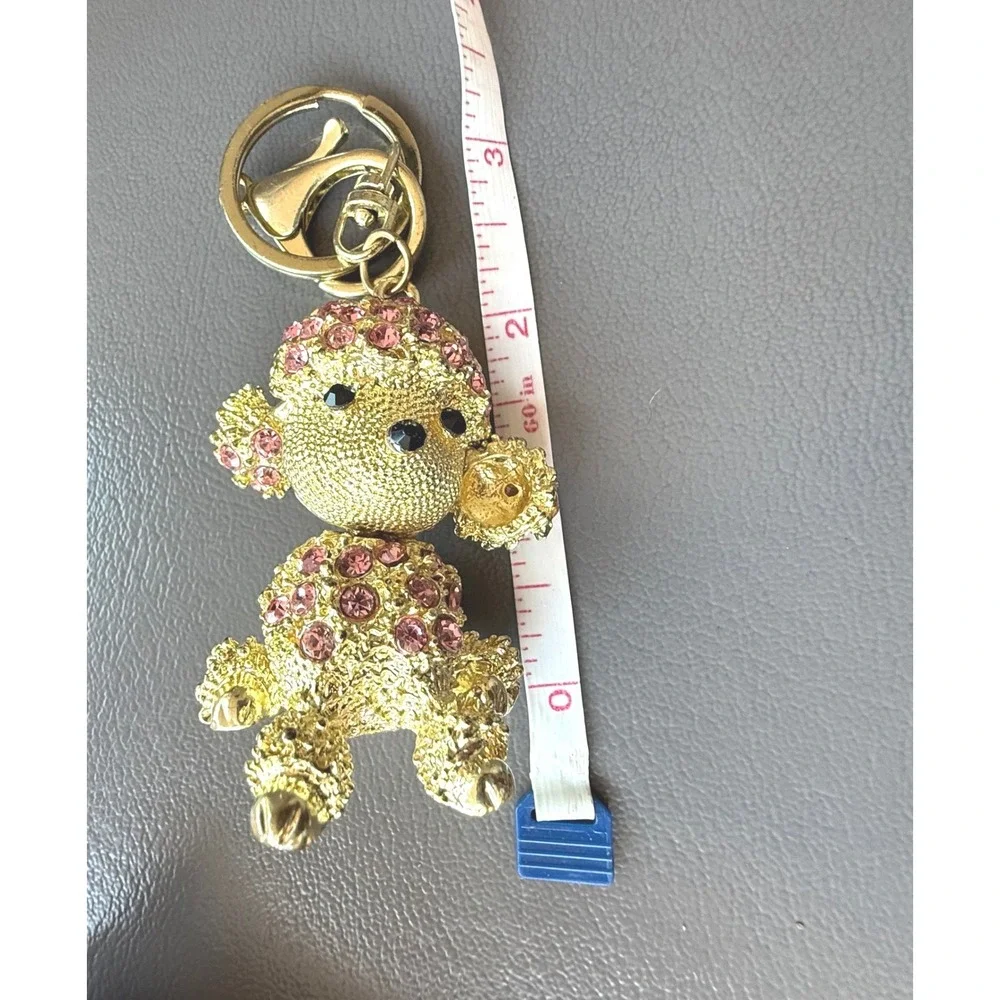 Gold Pink Rhinestone Poodle Keychain Dog Bag Charm Lobster Claw Clasp Accessory